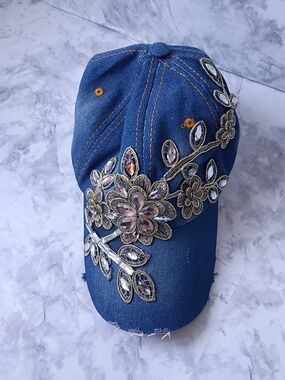Blue Denim Baseball Cap with Crystal Floral Applique